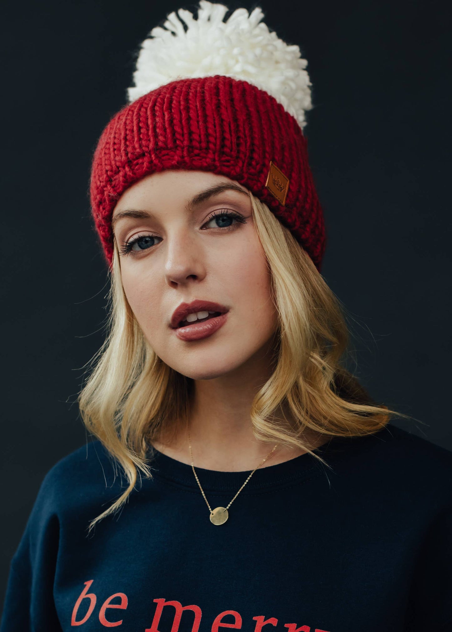 Red & Off White Color Block Pom Hat