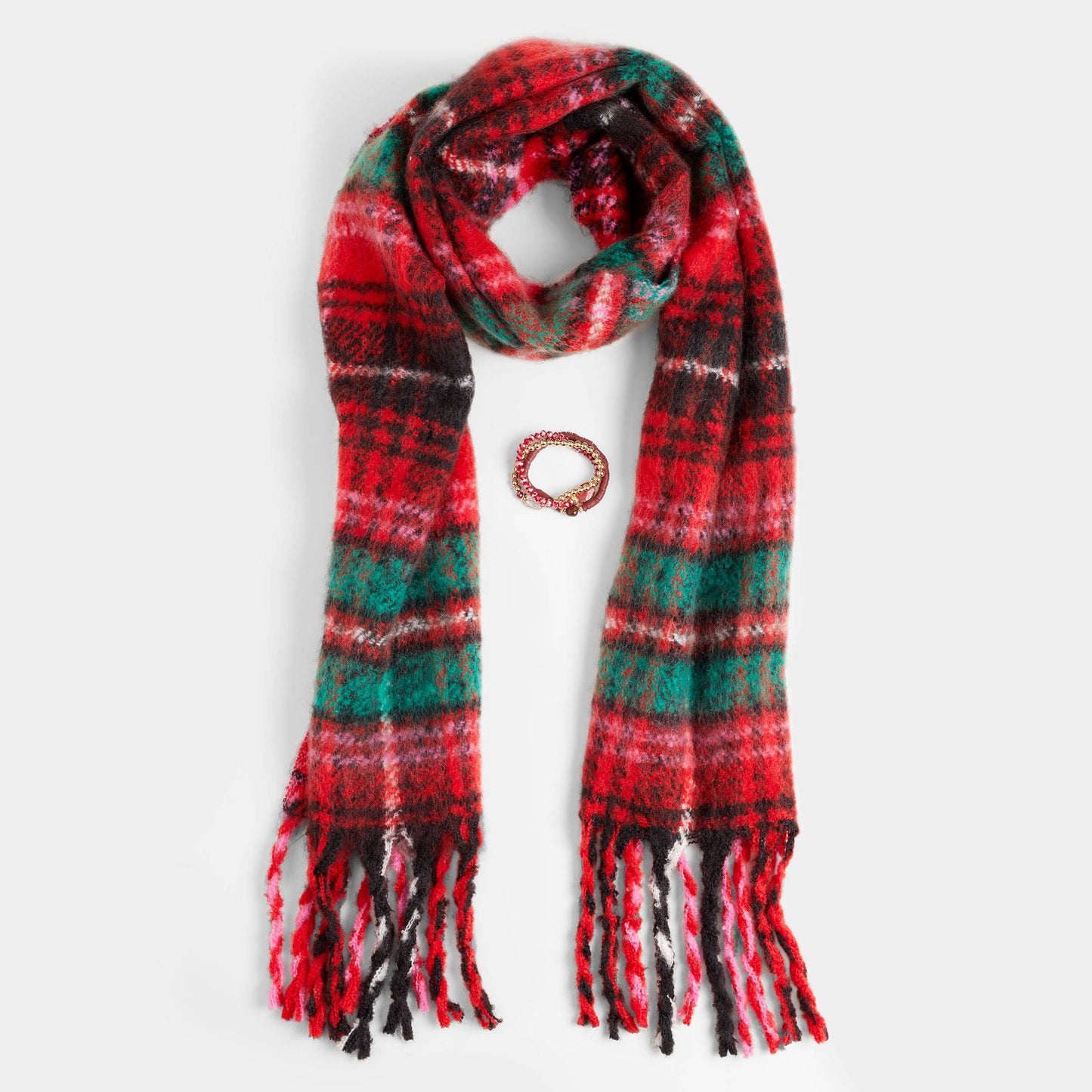 Red Plaid Scarf and Bracelet Set