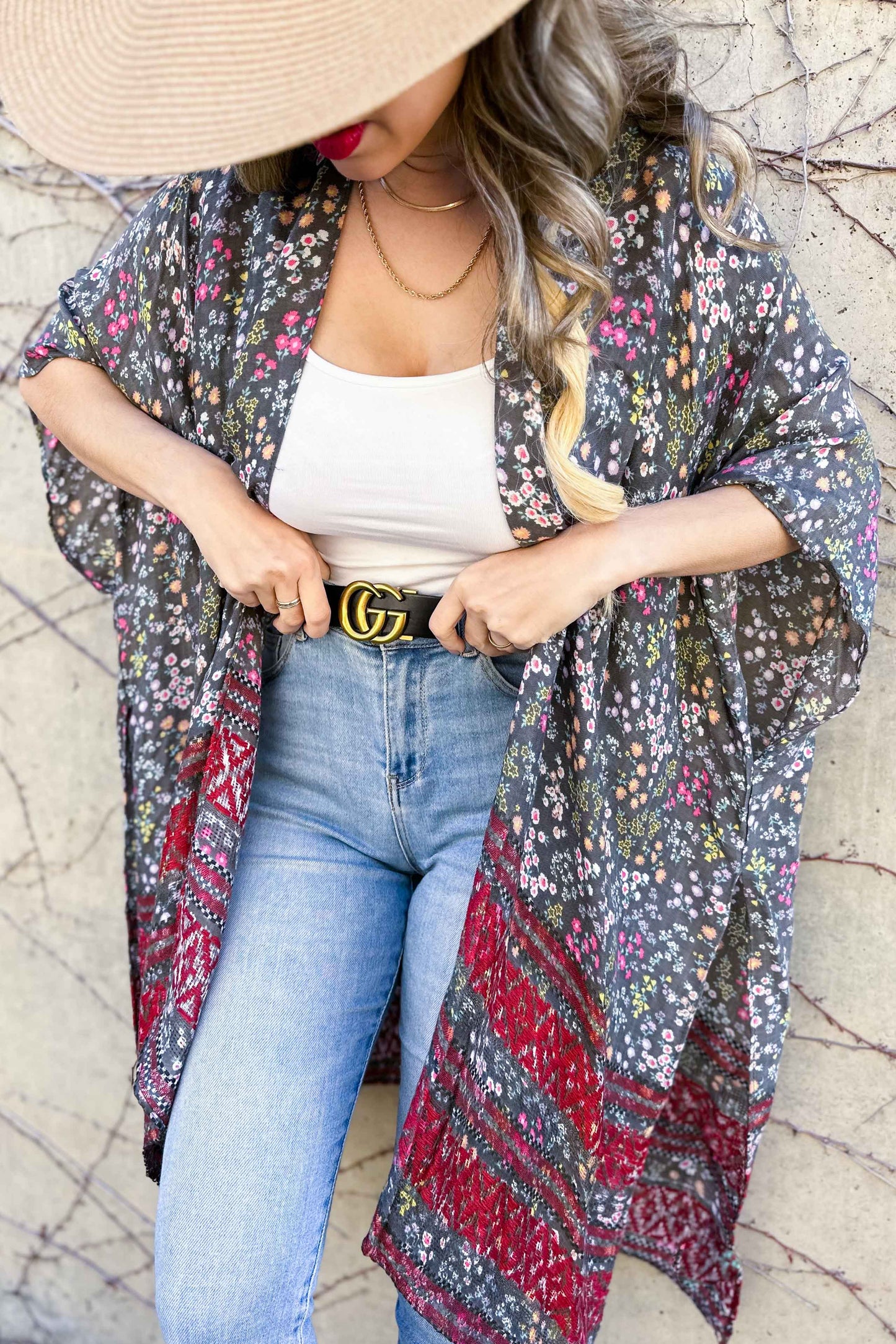 Grey Floral Printed Kimono Cardigan