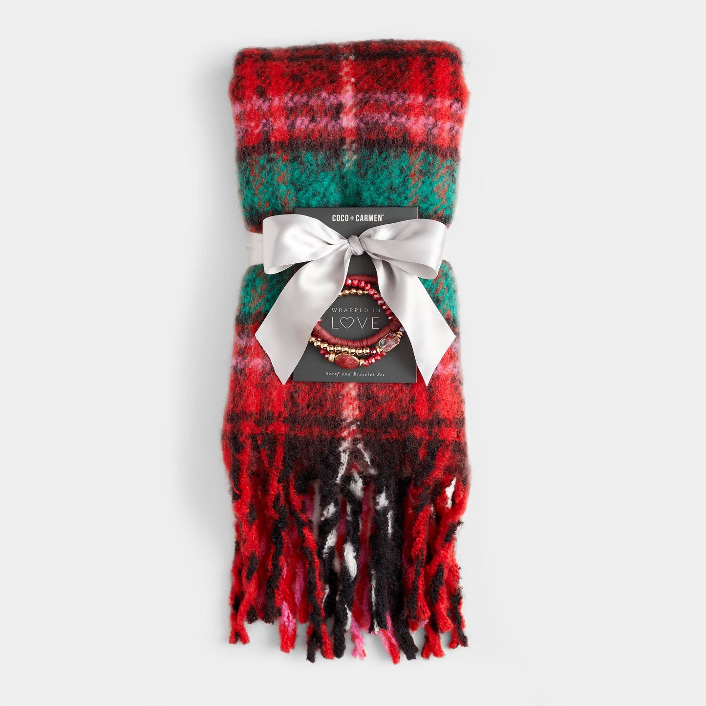 Red Plaid Scarf and Bracelet Set