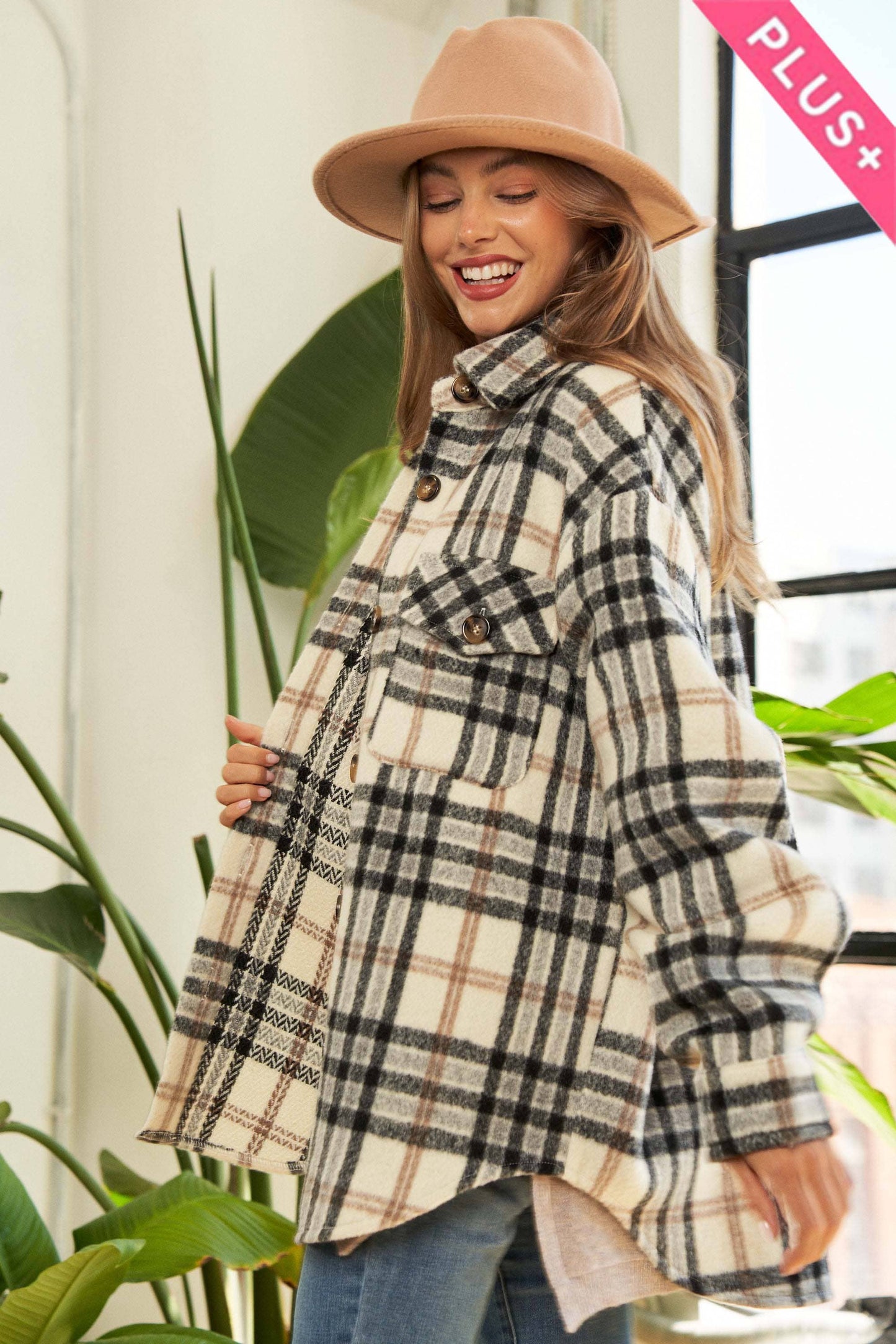 Plus Multi Plaid Patched Pocket Button Jacket