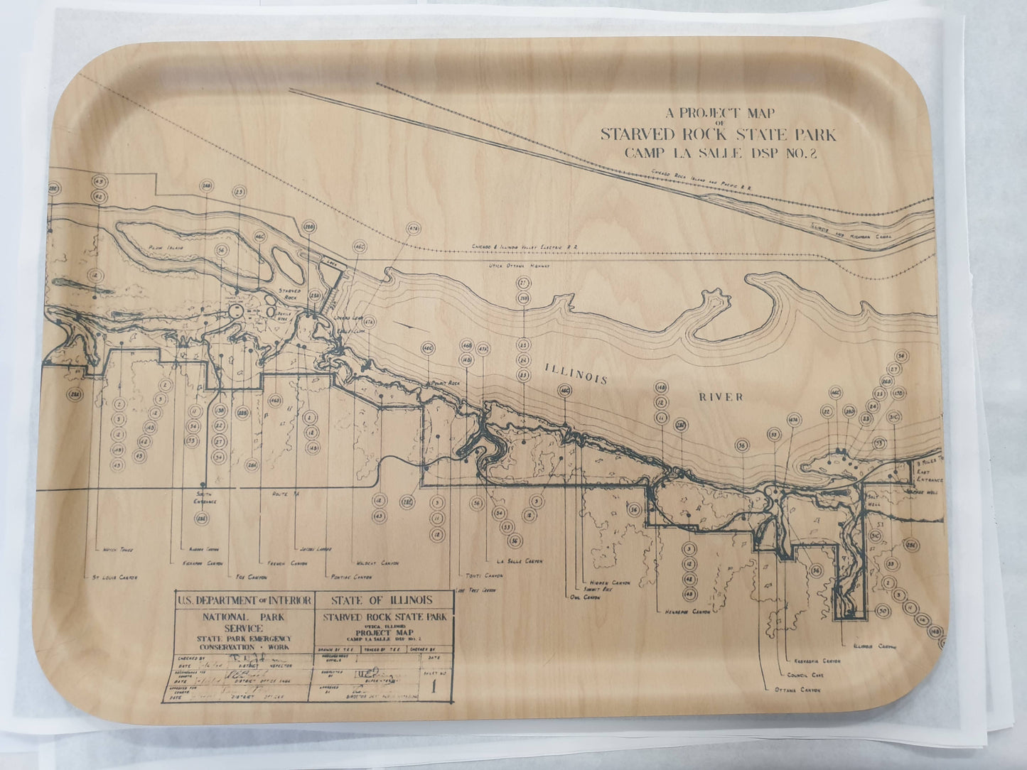 Wood and Melamie Tray- 1934 Corps of Engineer Map Starved Rock