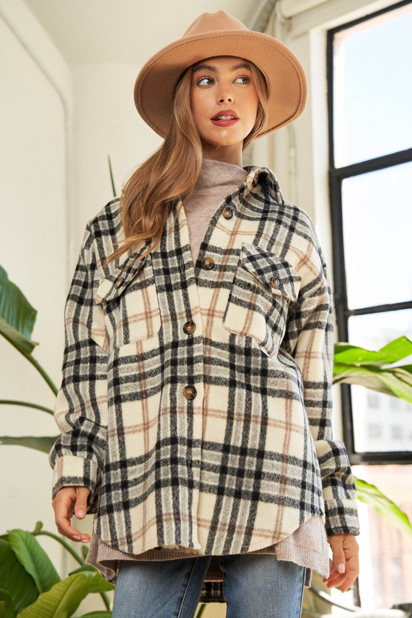 Plus Multi Plaid Patched Pocket Button Jacket