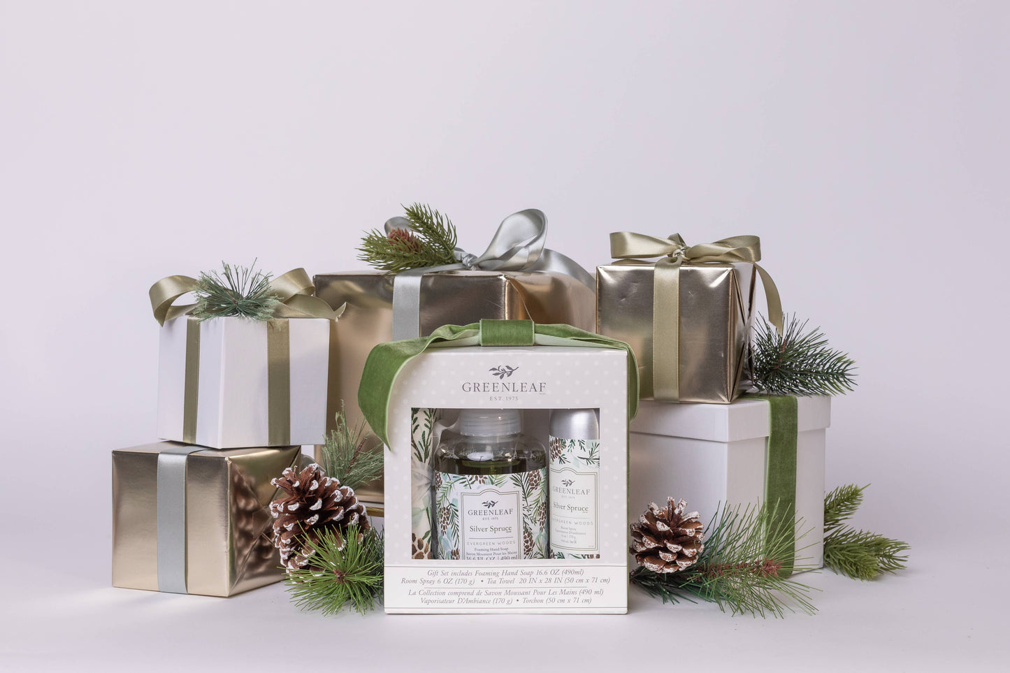 Silver Spruce Hand Soap, Room Spray, and Tea Towel Gift Set