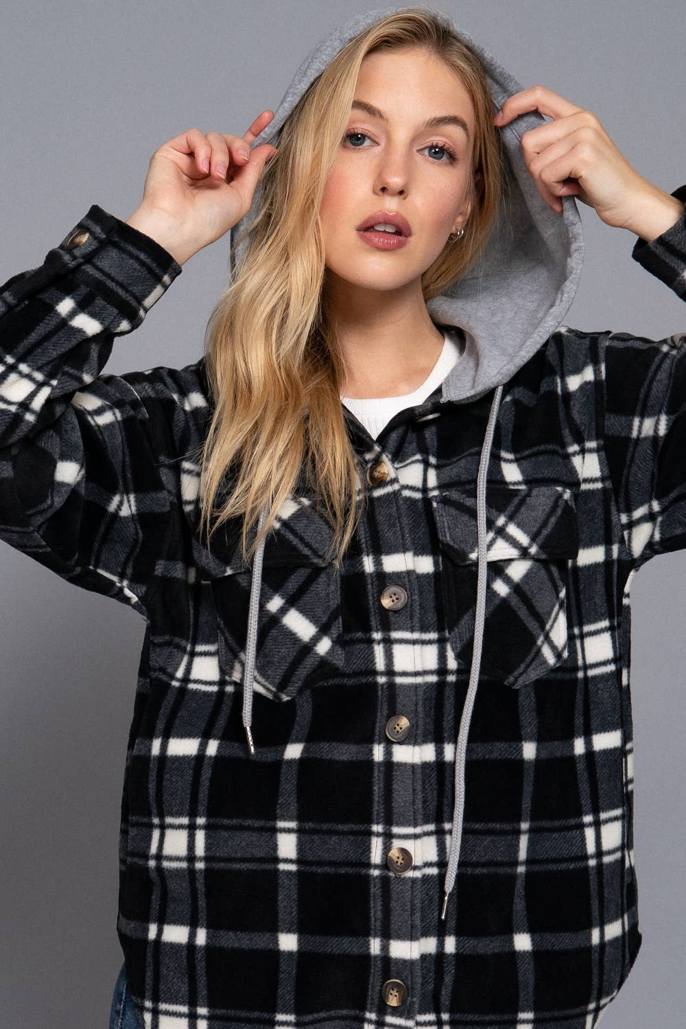 Plaid Button Down Hoodie Fleece Jacket