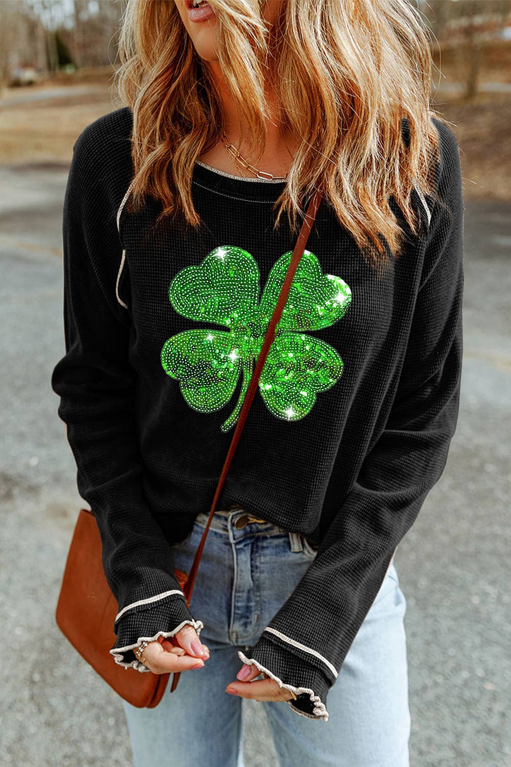 Sequin Four Leaf Clover Long Sleeve Top