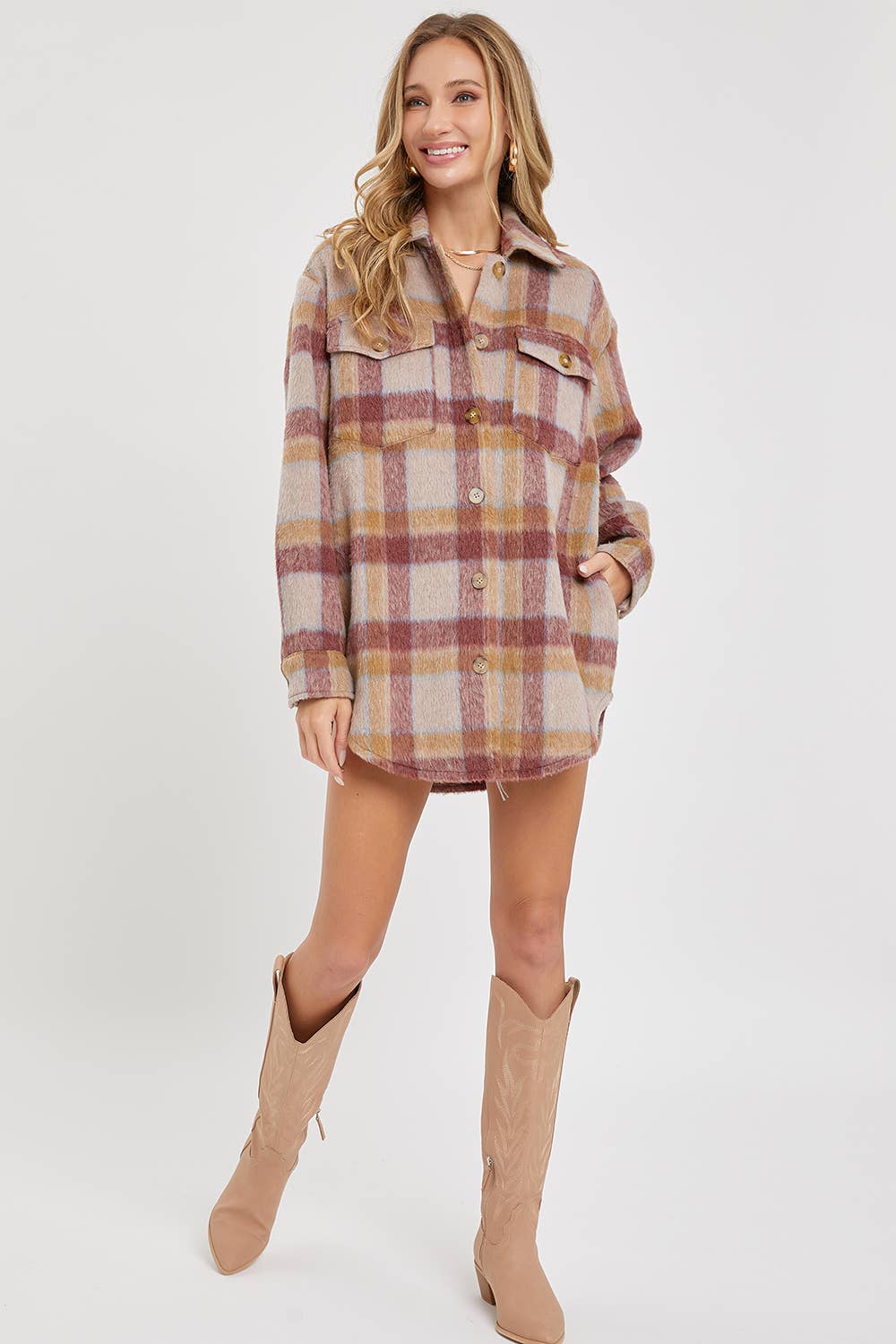 Plaid Shacket Beige, Camel and Mauve