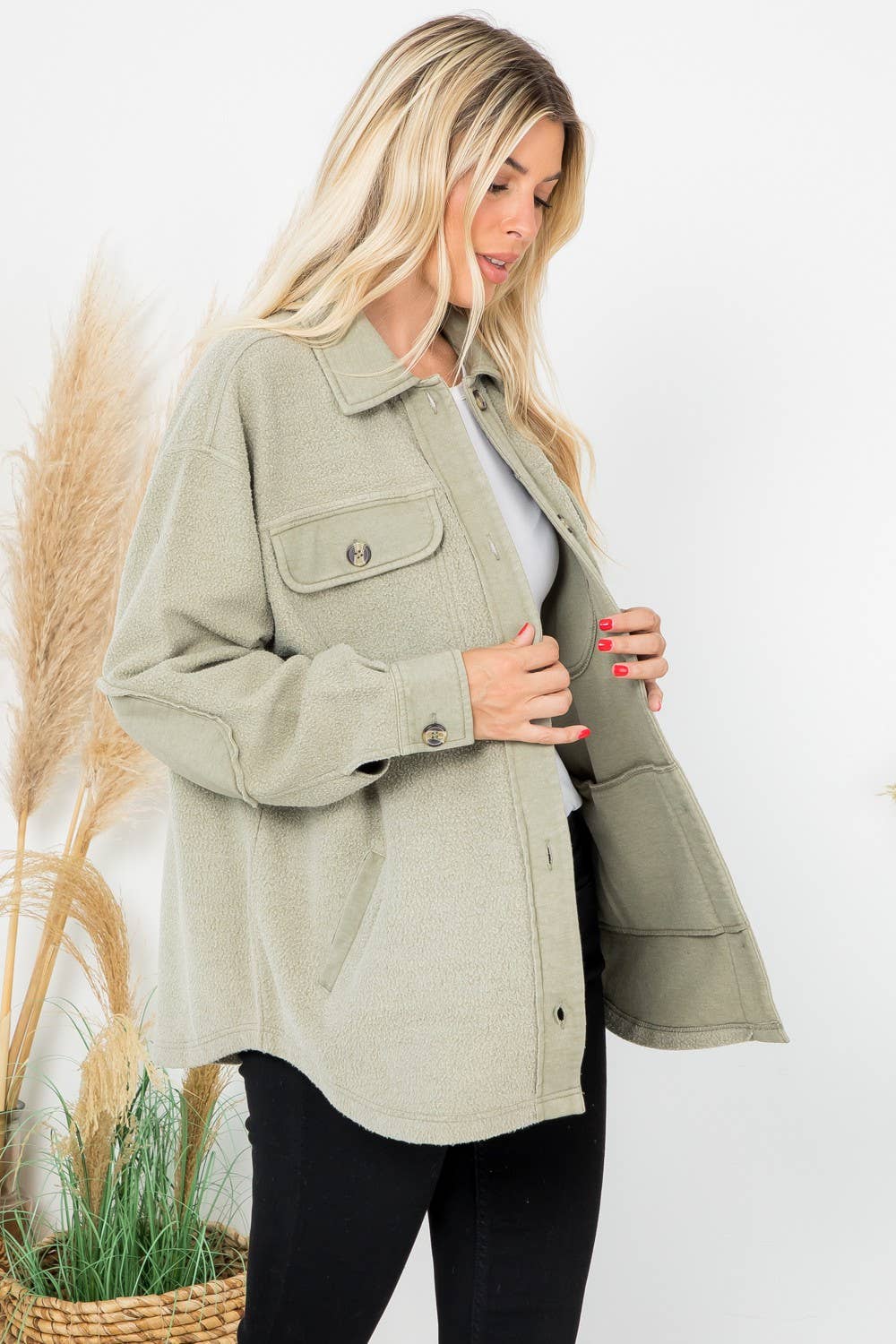 Washed Fleece Shacket: Olive