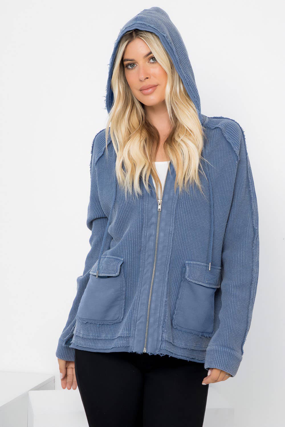 Waffle Knit Hooded Jacket: Dusty Blue