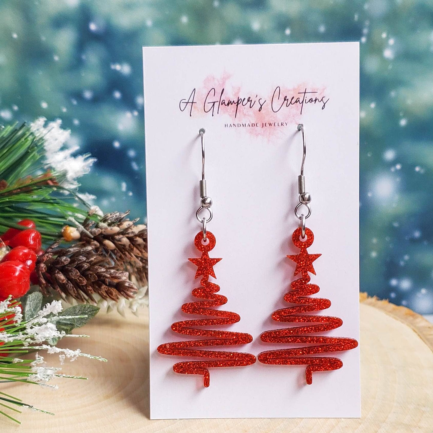 Red Glitter Ribbon Christmas Tree Acrylic Earrings