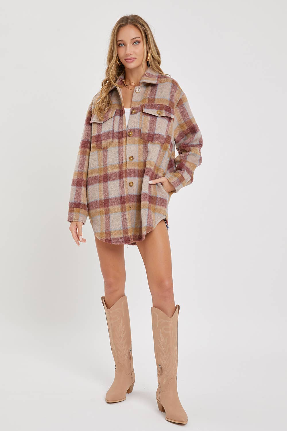 Plaid Shacket Beige, Camel and Mauve