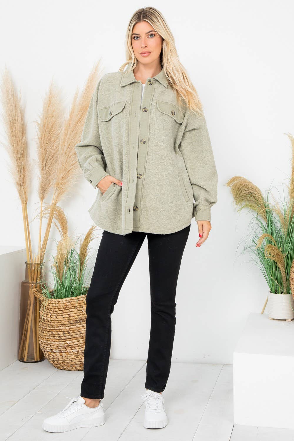 Washed Fleece Shacket: Olive