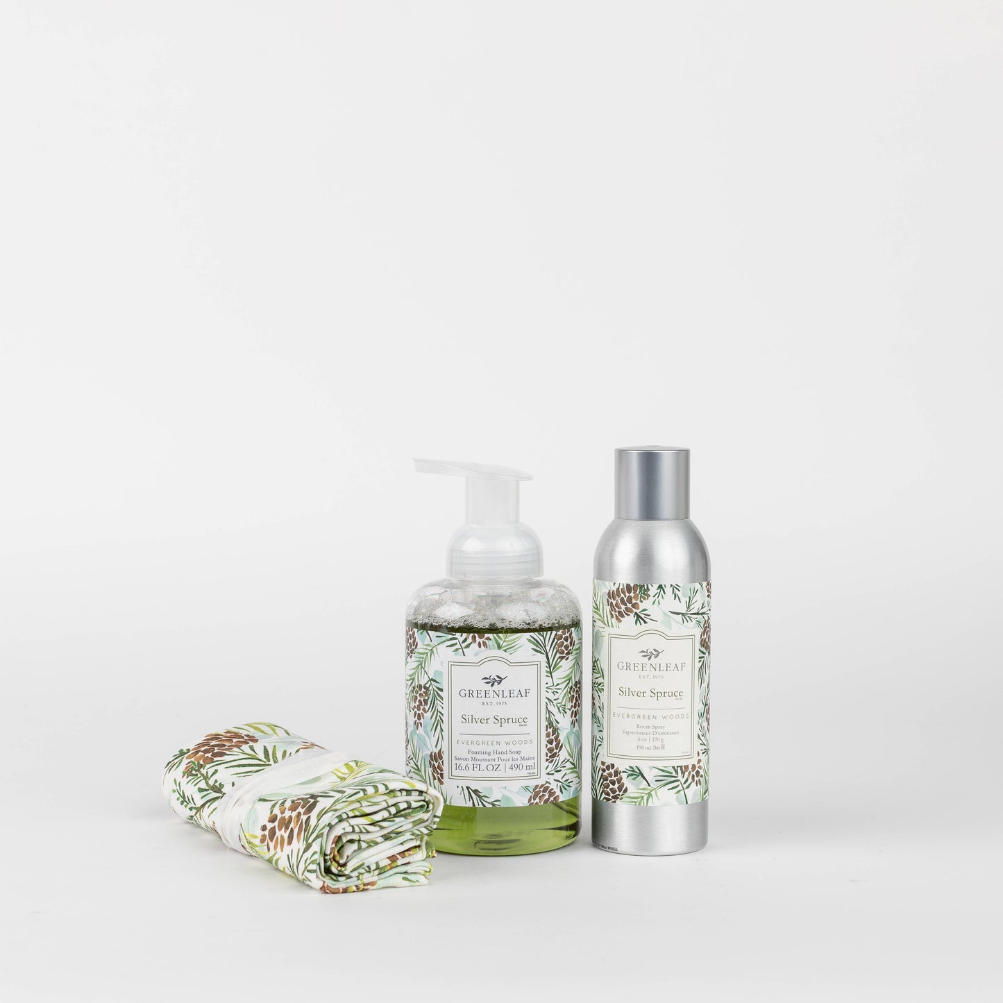 Silver Spruce Hand Soap, Room Spray, and Tea Towel Gift Set