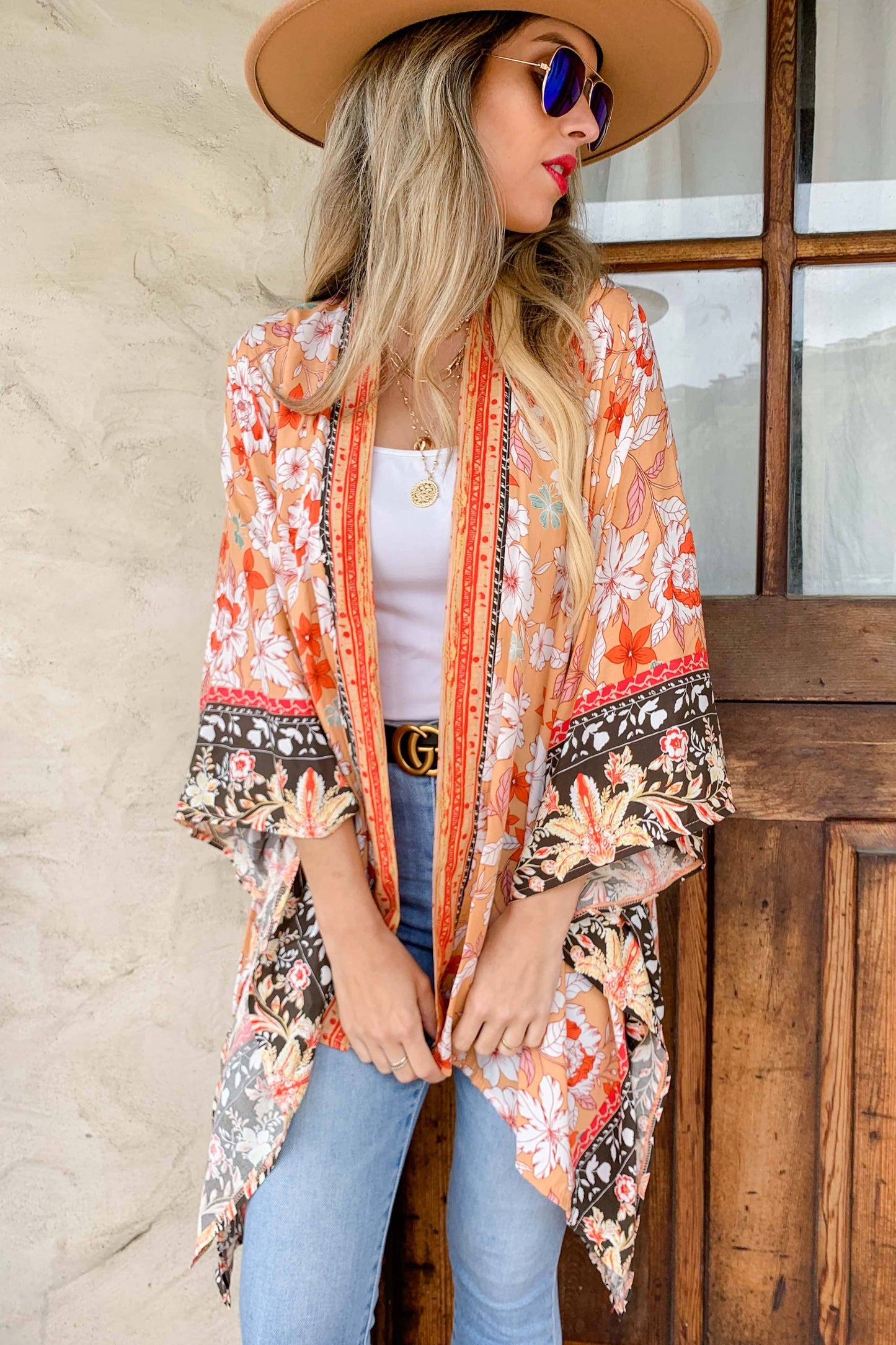 Peach Floral Border Printed Kimono