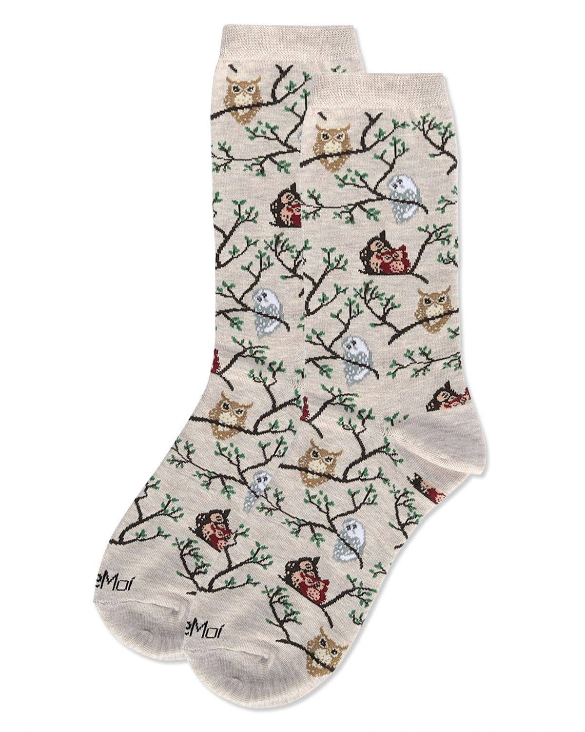 Owls Bamboo Crew Socks- Oatmeal