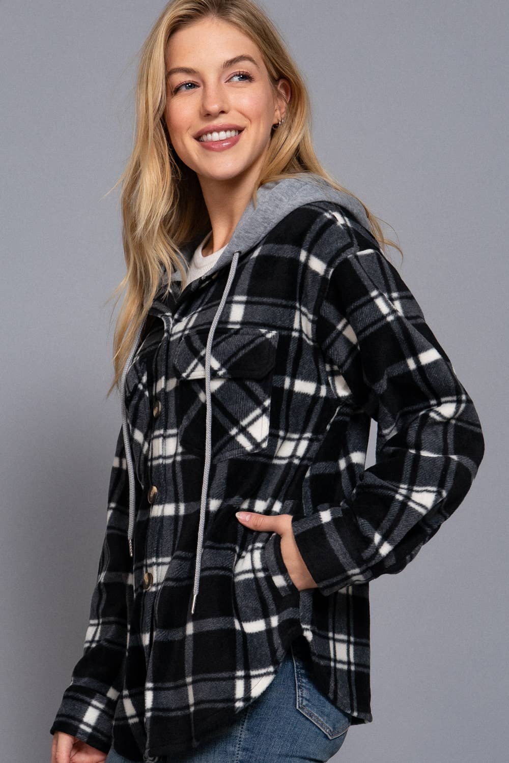 Plaid Button Down Hoodie Fleece Jacket