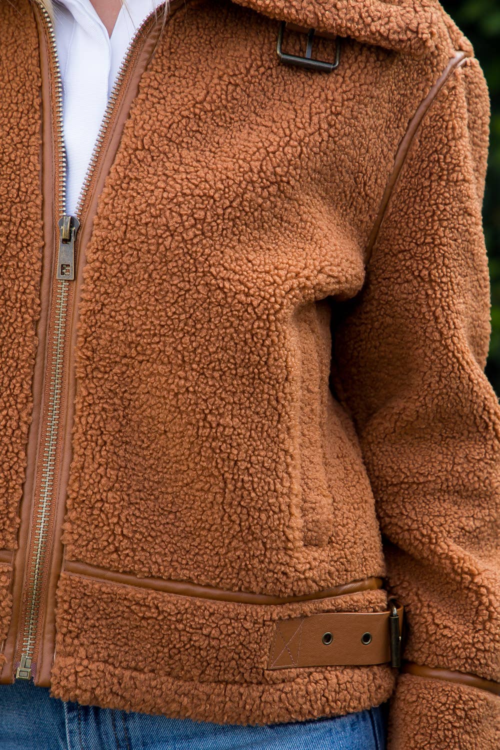 Bonded Sherpa Jacket With Buckle Detail: Camel