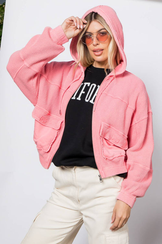 Waffle Knit Hoodie Zip-Up Jacket: Miami Coral