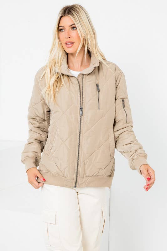 Diamond Quilted Aviator Jacket: Taupe