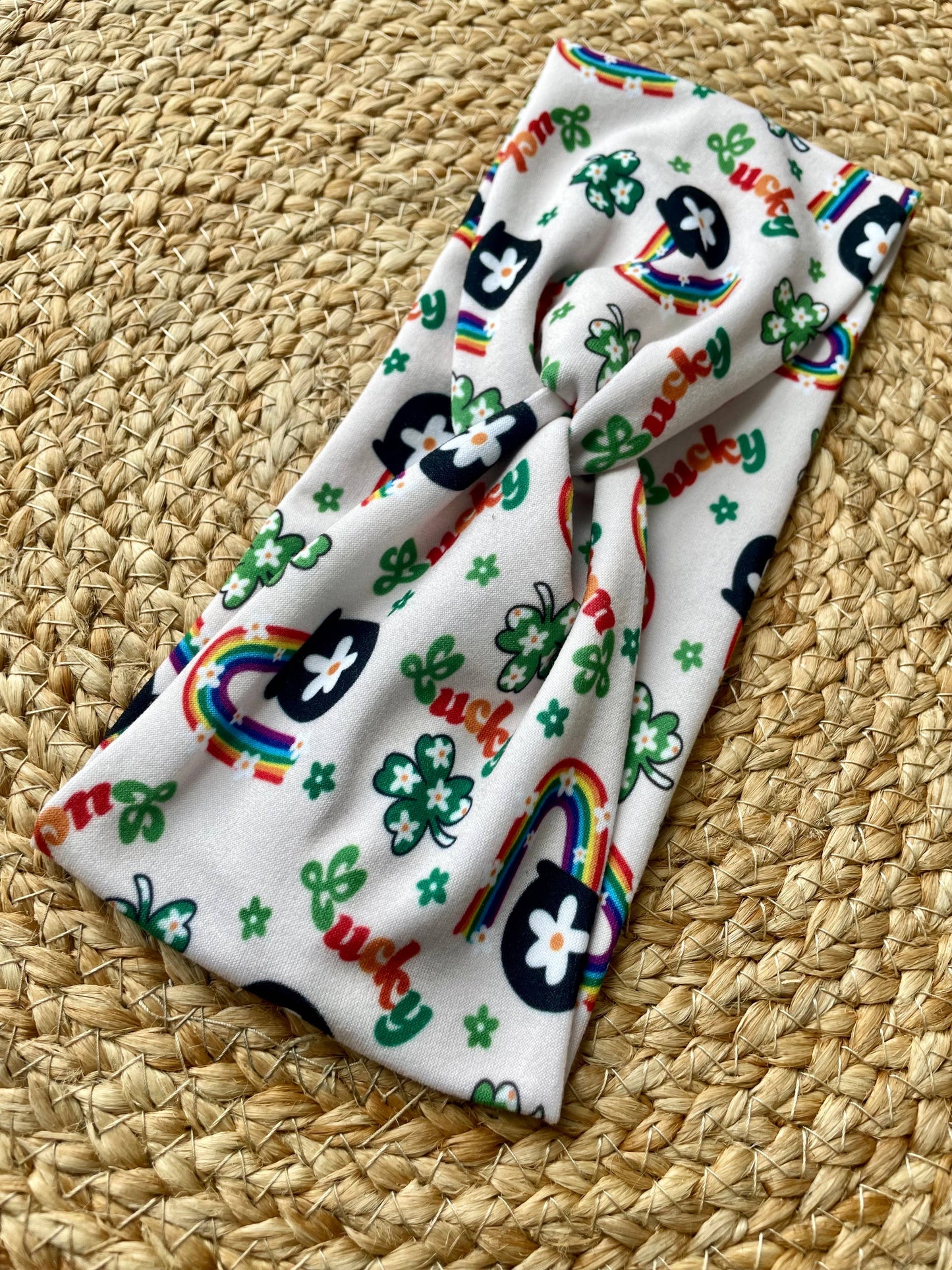 Lucky Shamrock Rainbow Knit Twist Headband