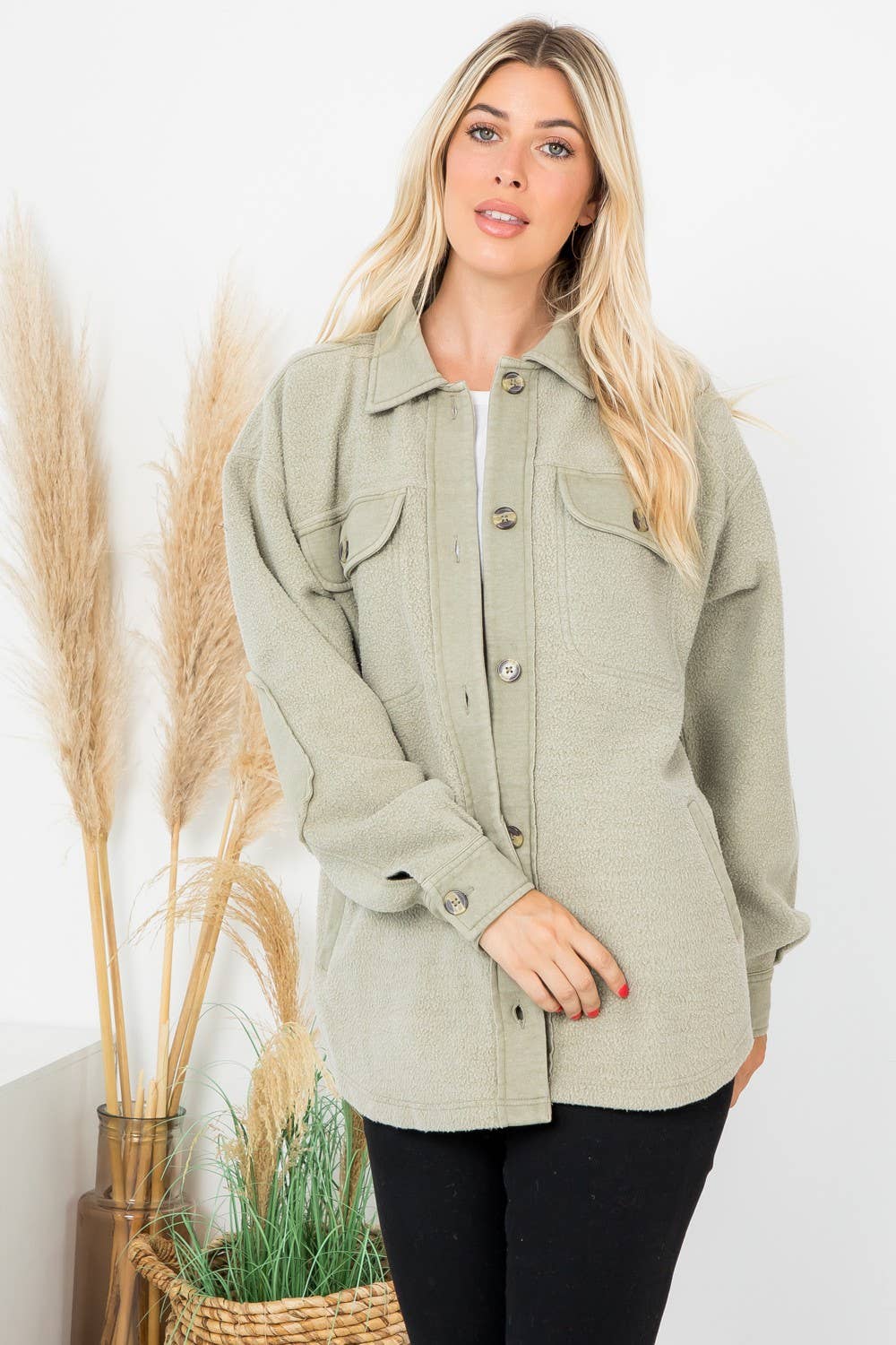 Washed Fleece Shacket: Olive