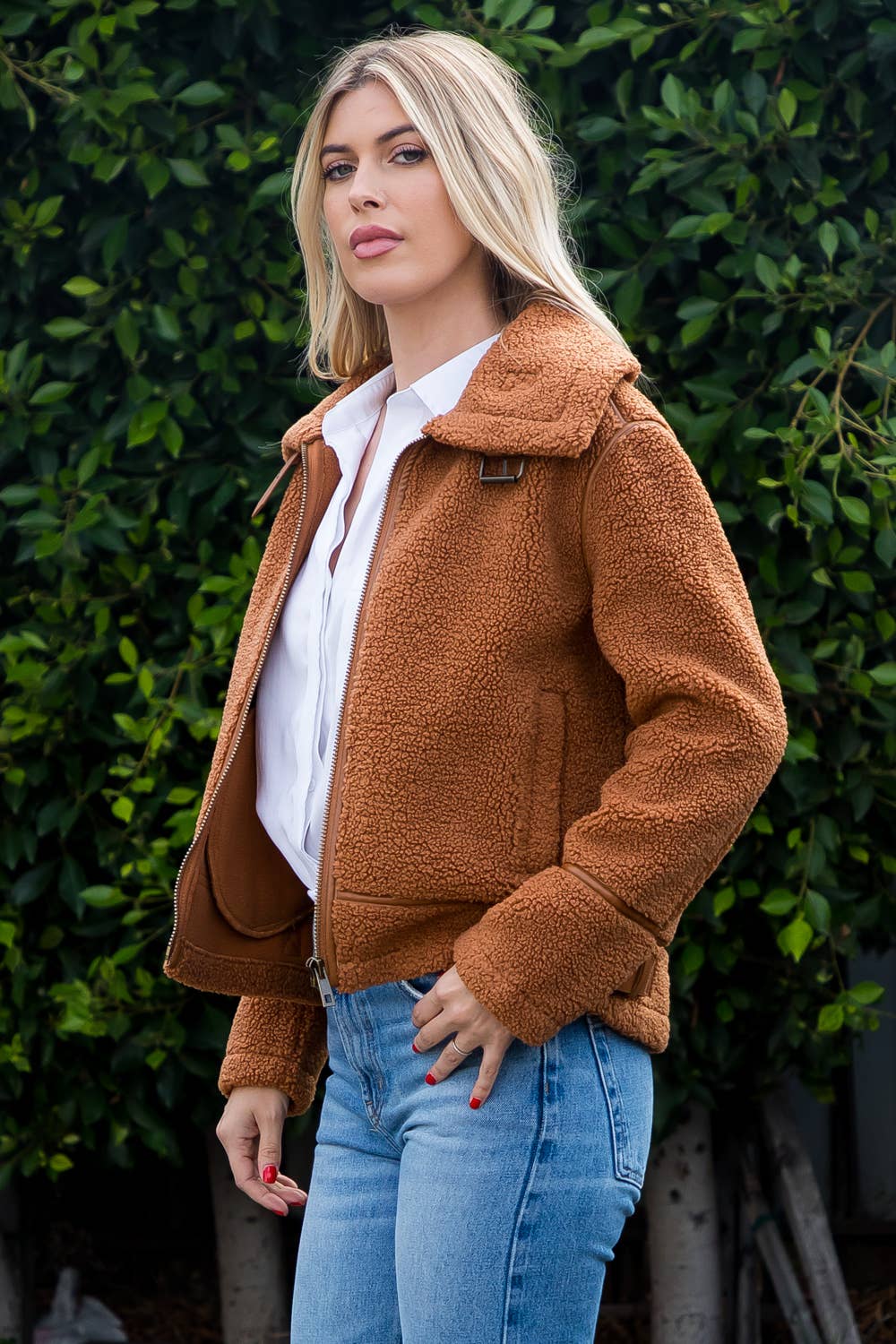 Bonded Sherpa Jacket With Buckle Detail: Camel