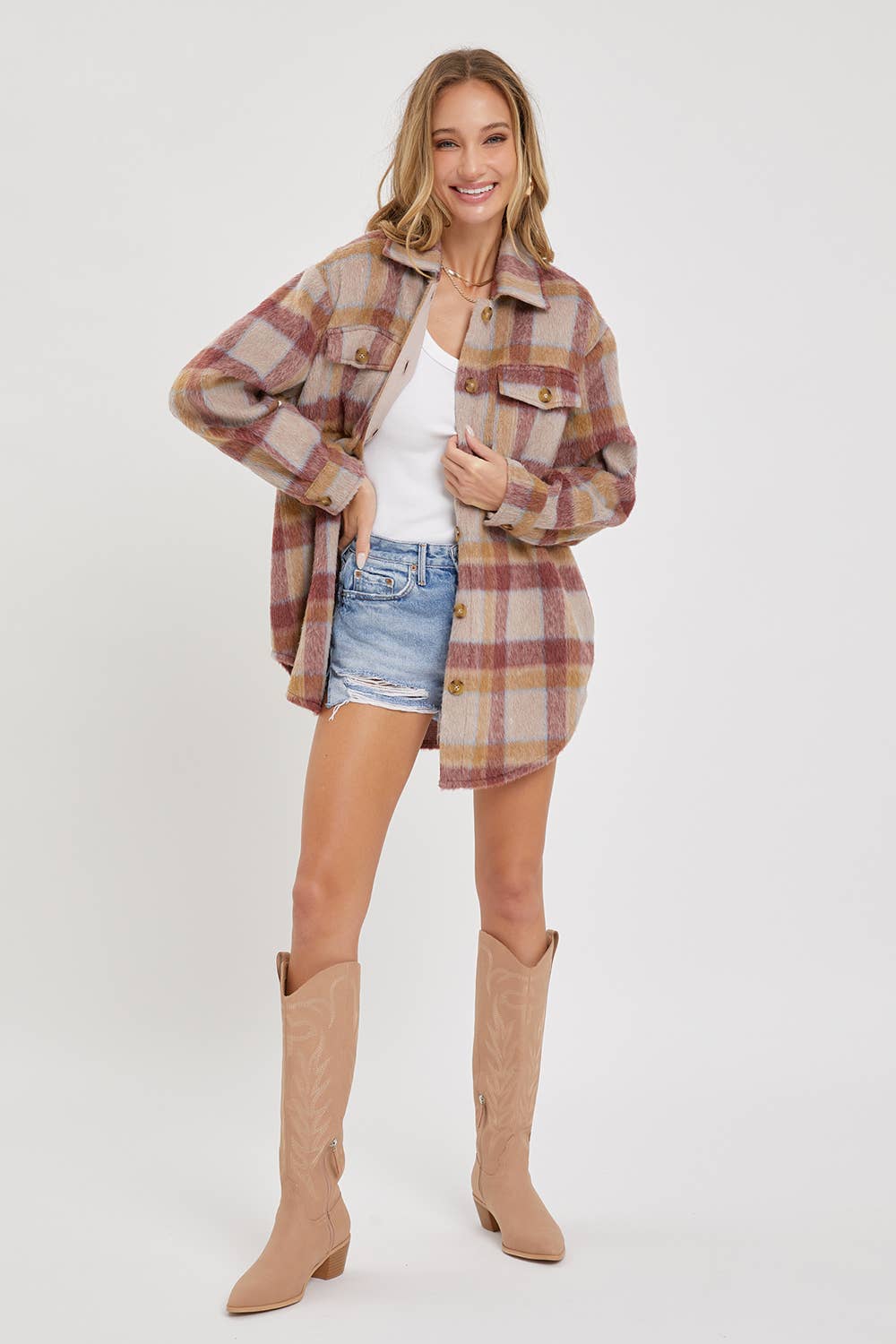 Plaid Shacket Beige, Camel and Mauve