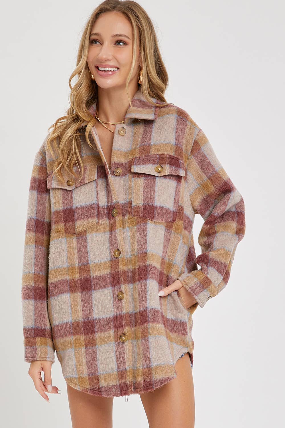 Plaid Shacket Beige, Camel and Mauve