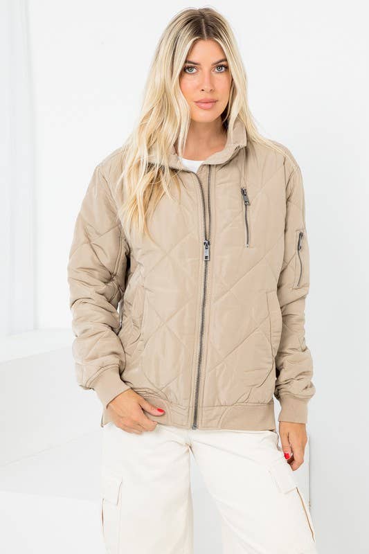 Diamond Quilted Aviator Jacket: Taupe