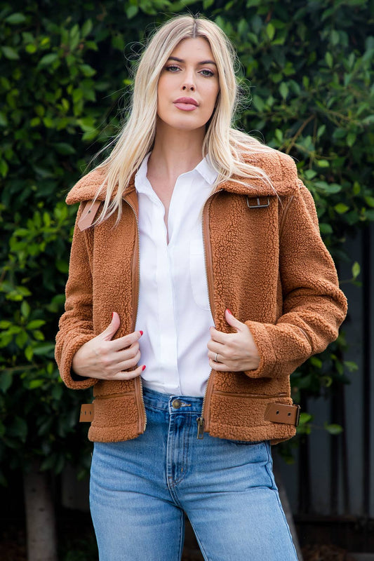 Bonded Sherpa Jacket With Buckle Detail: Camel