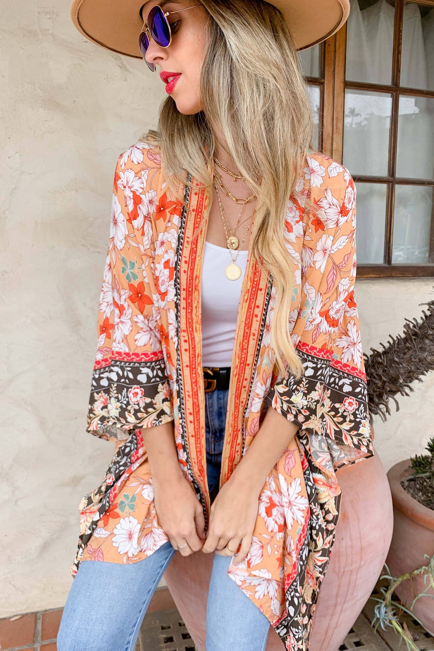 Peach Floral Border Printed Kimono