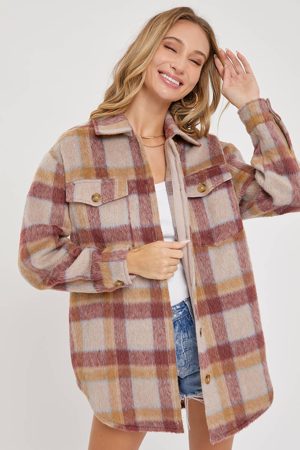 Plaid Shacket Beige, Camel and Mauve