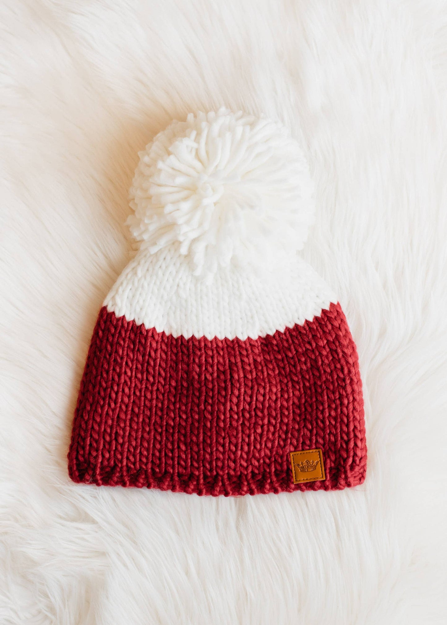 Red & Off White Color Block Pom Hat