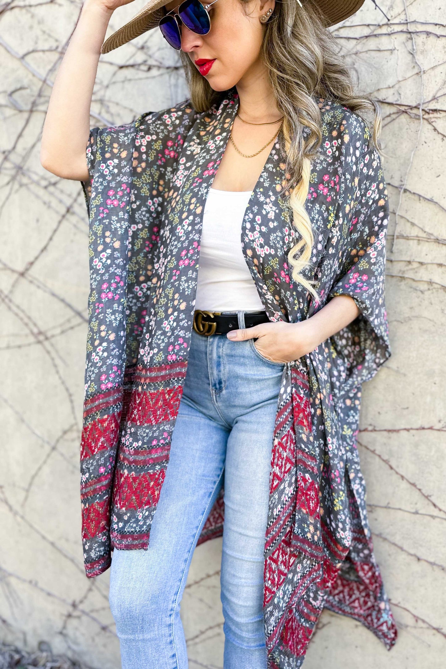 Grey Floral Printed Kimono Cardigan