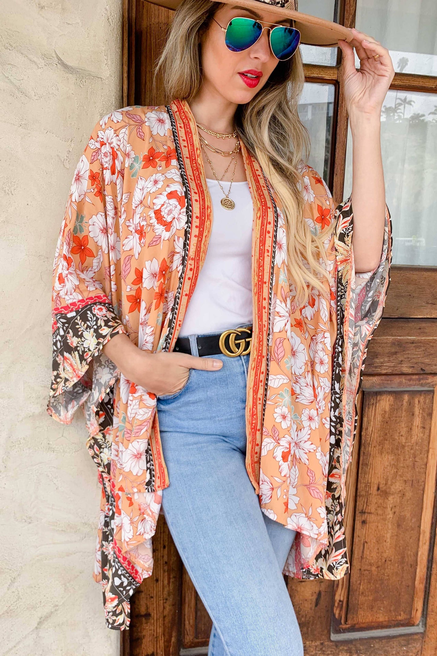 Peach Floral Border Printed Kimono