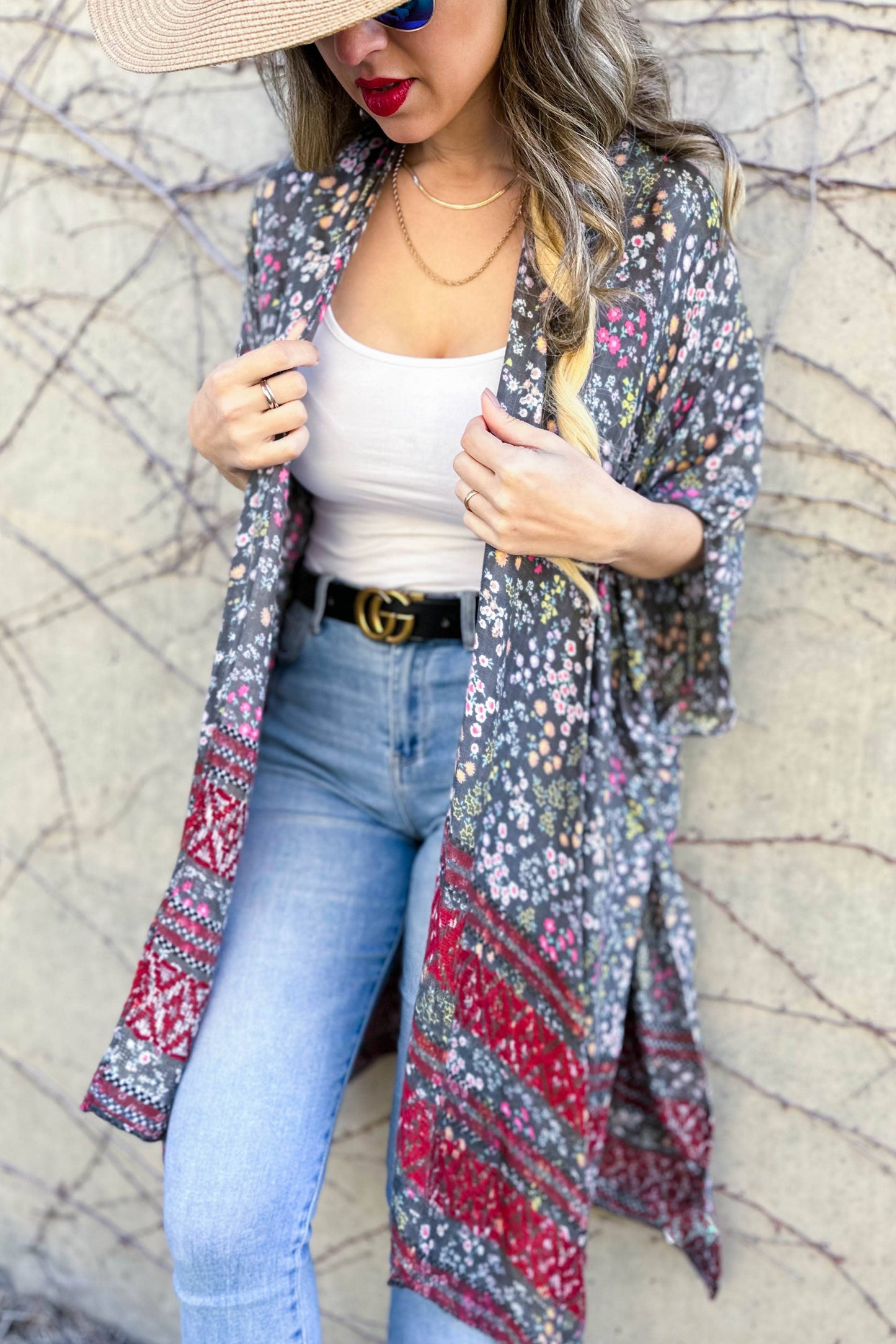 Grey Floral Printed Kimono Cardigan