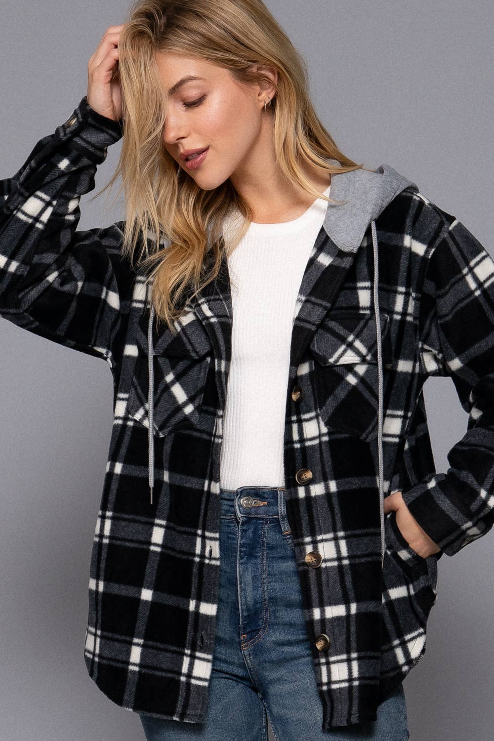 Plaid Button Down Hoodie Fleece Jacket