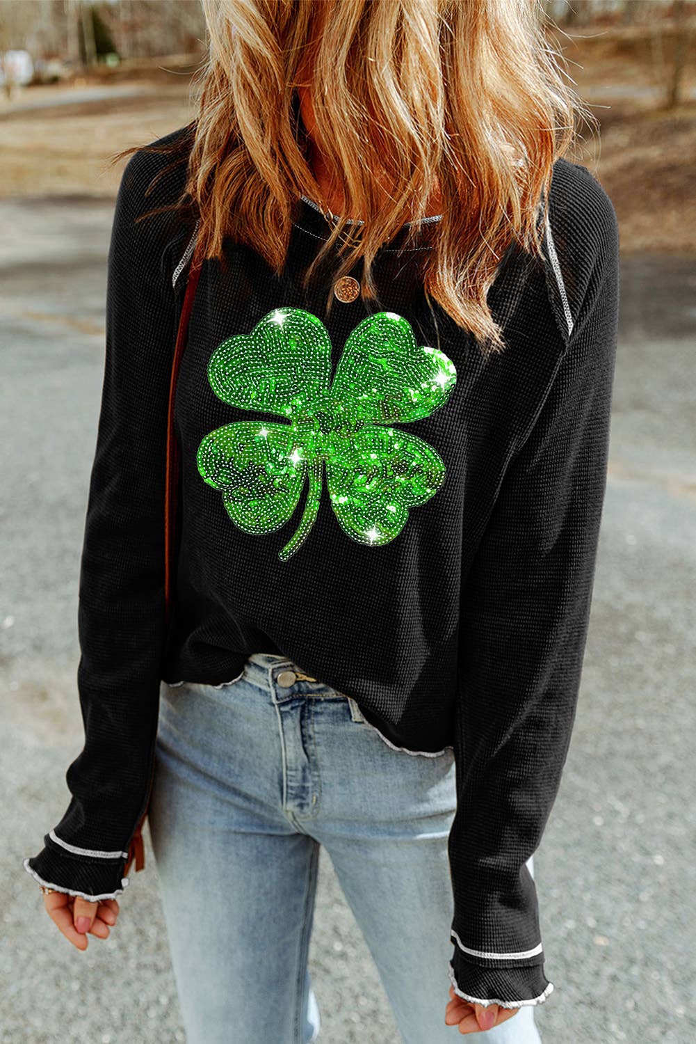 Sequin Four Leaf Clover Long Sleeve Top