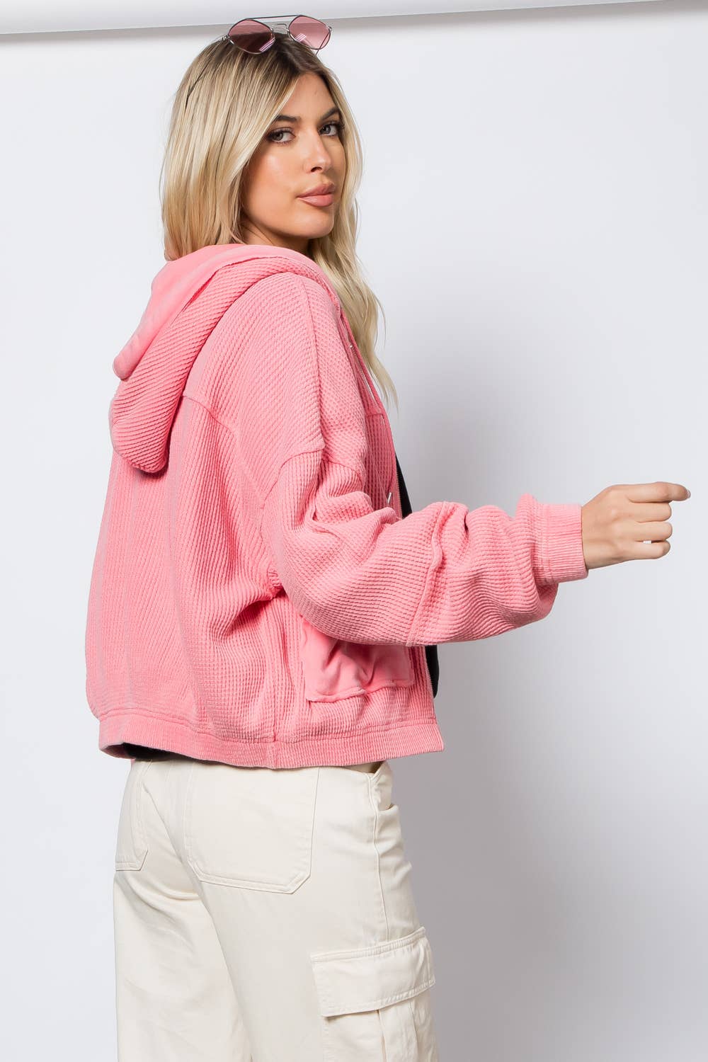 Waffle Knit Hoodie Zip-Up Jacket: Miami Coral