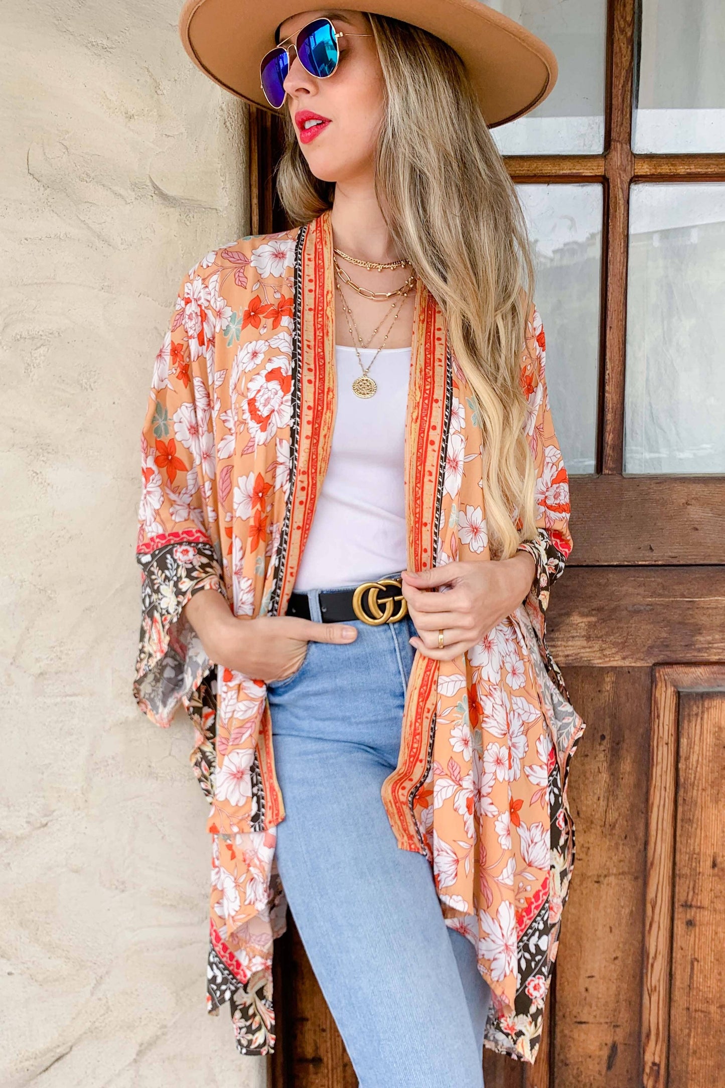 Peach Floral Border Printed Kimono