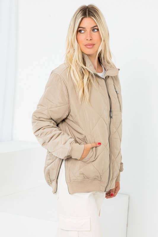 Diamond Quilted Aviator Jacket: Taupe