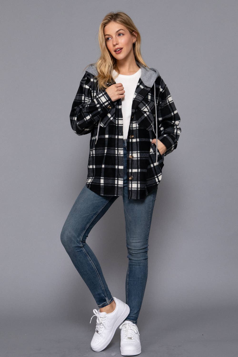 Plaid Button Down Hoodie Fleece Jacket