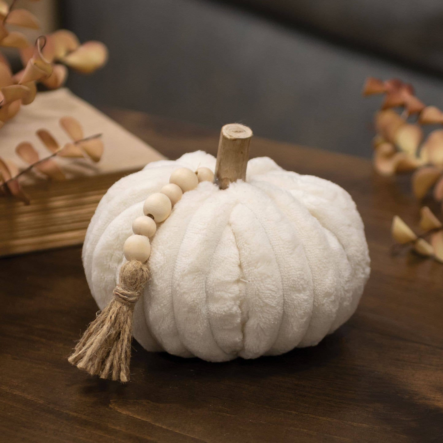 Cream Ribbed Pumpkin w/Beaded Tassel, Medium