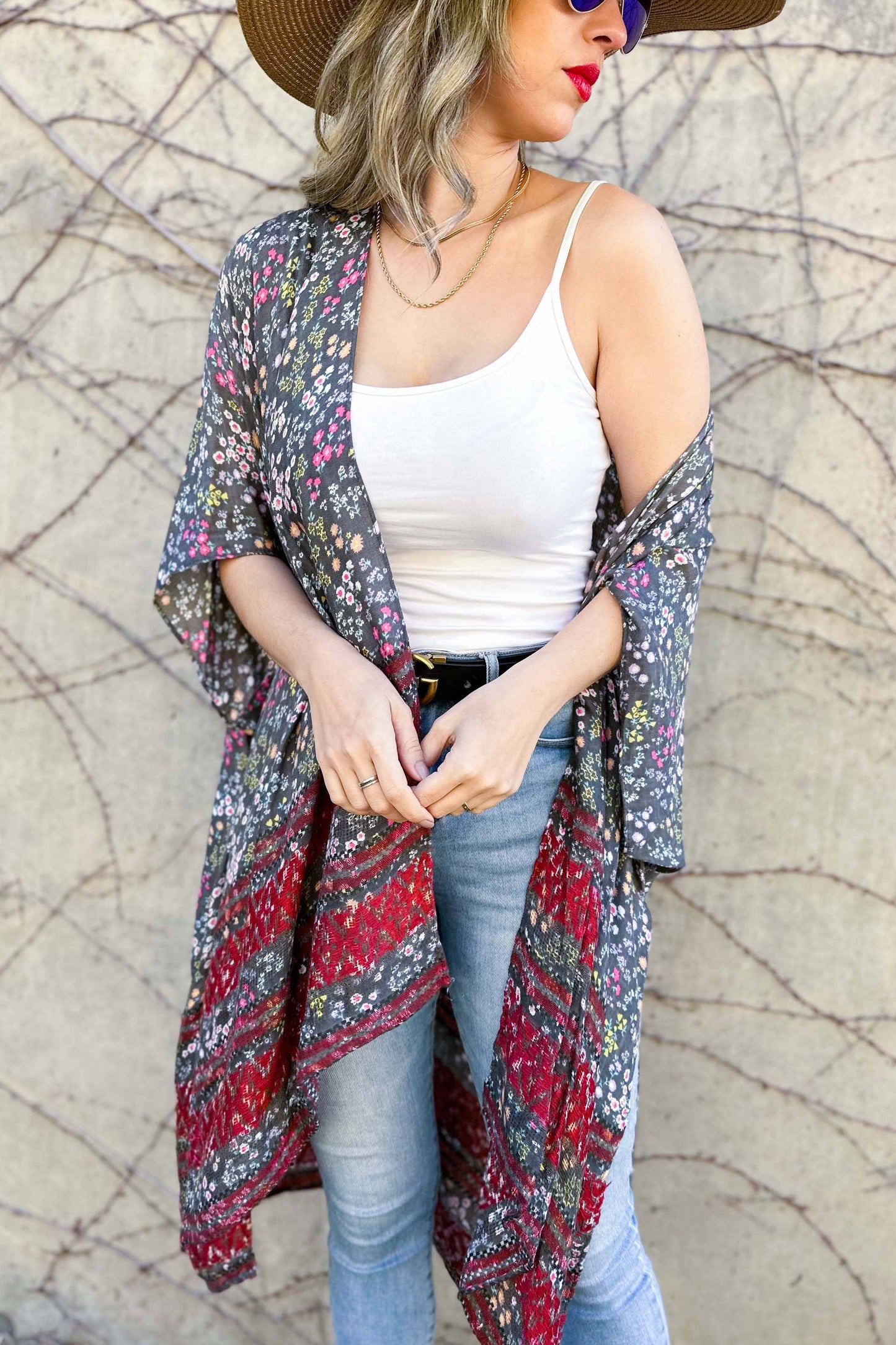 Grey Floral Printed Kimono Cardigan