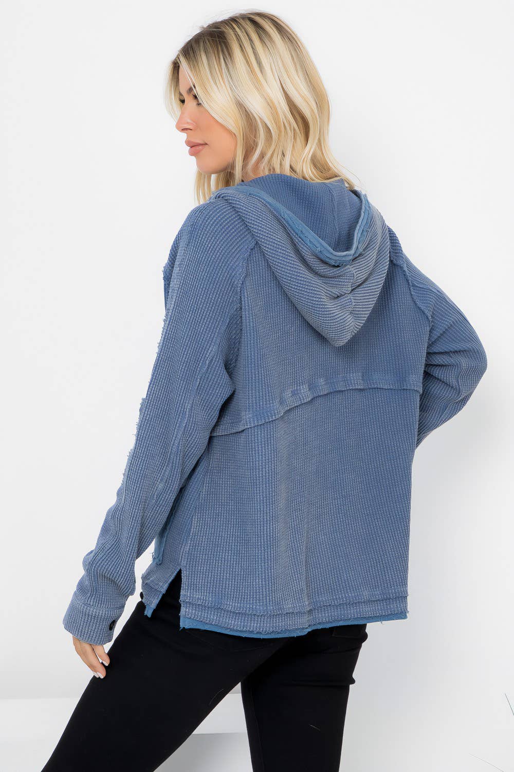 Waffle Knit Hooded Jacket: Dusty Blue