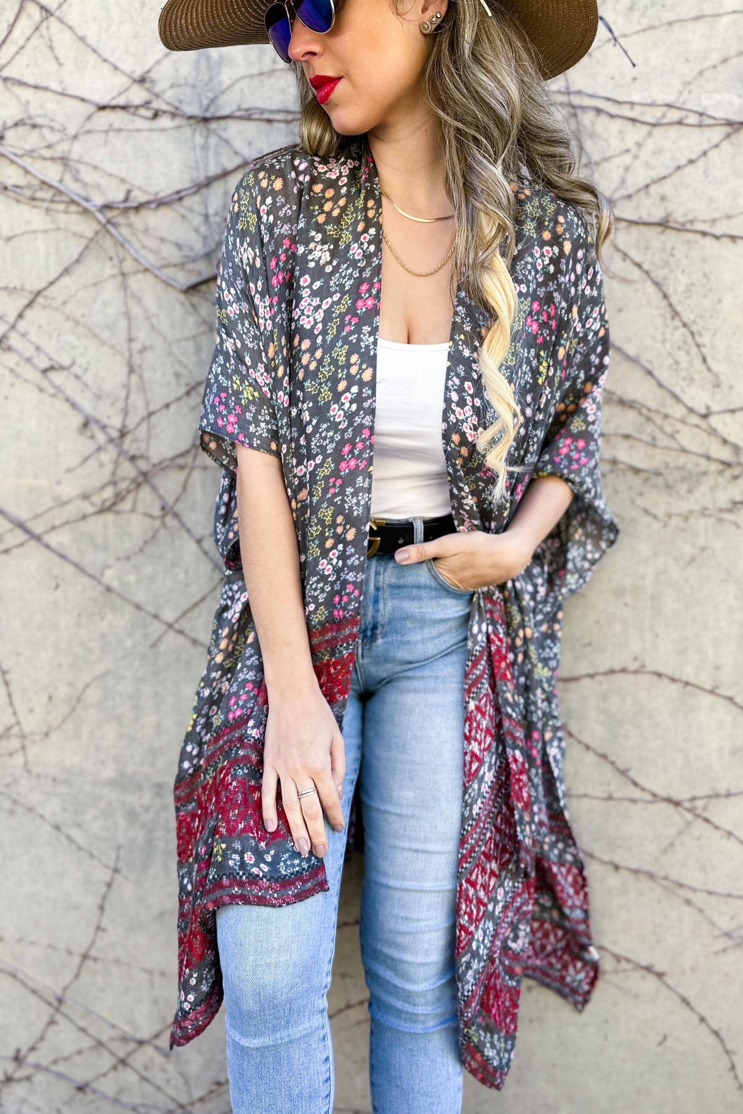 Grey Floral Printed Kimono Cardigan