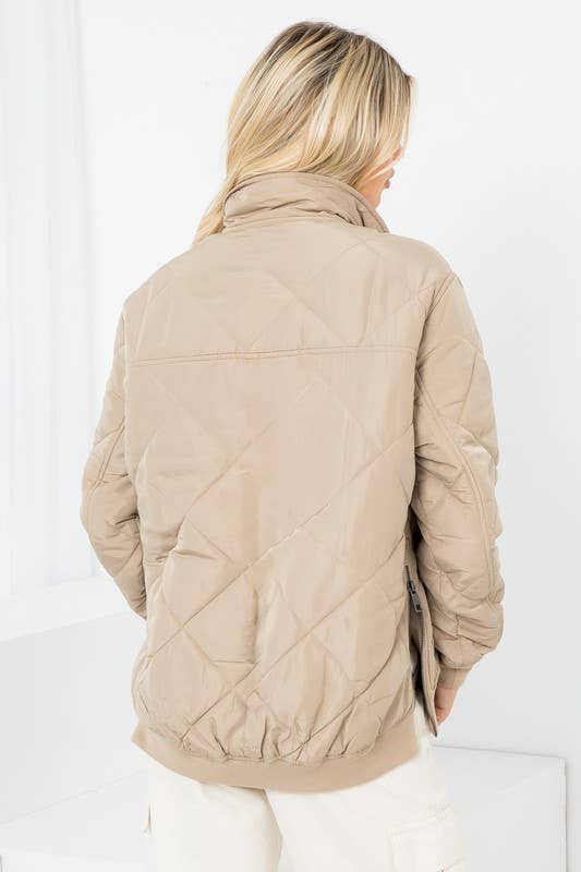 Diamond Quilted Aviator Jacket: Taupe