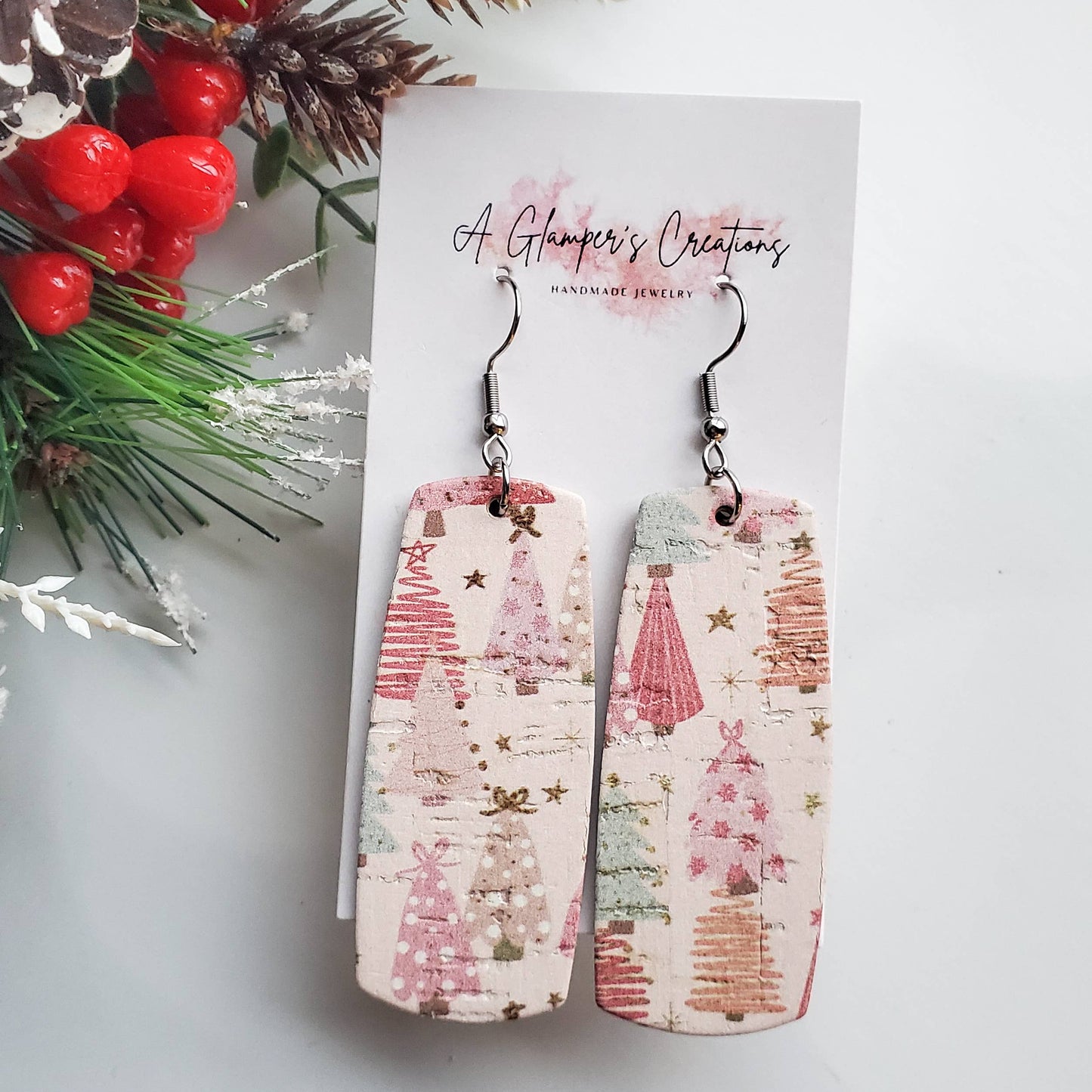 Pink Christmas Tree Bar Leather Earrings