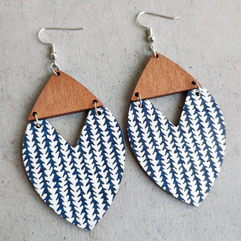 Boho Wood Earrings -  Blue and White Vine