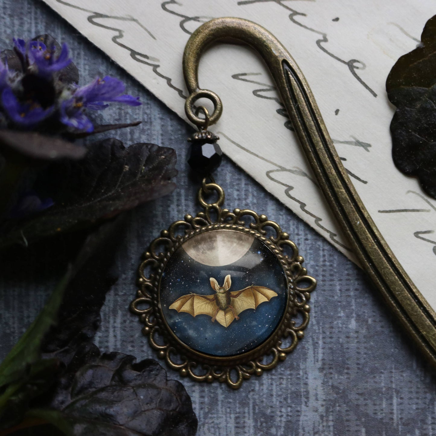 Bat on Full Moon Goth Halloween Brass Bookmark